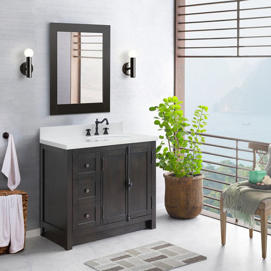 37" Single vanity in Brown Ash finish with White engineered stone top and oval sink Right doors/Right sink