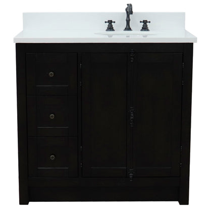 37" Single vanity in Brown Ash finish with White engineered stone top and oval sink Right doors/Right sink