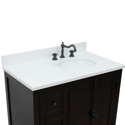 37" Single vanity in Brown Ash finish with White engineered stone top and oval sink Right doors/Right sink
