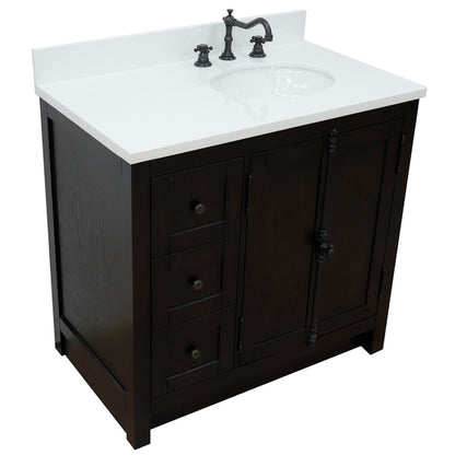 37" Single vanity in Brown Ash finish with White engineered stone top and oval sink Right doors/Right sink