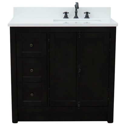 37" Single vanity in Brown Ash finish with White engineered stone top and rectangle sink Right doors/Right sink