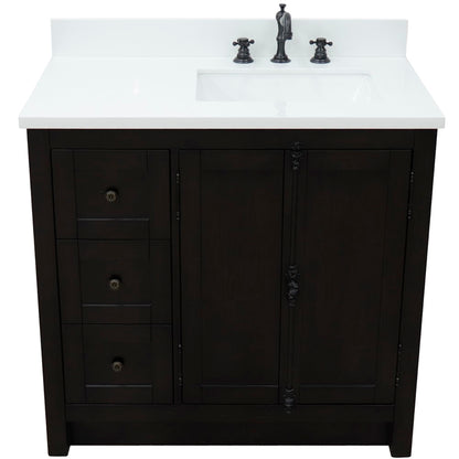 37" Single vanity in Brown Ash finish with White engineered stone top and rectangle sink Right doors/Right sink