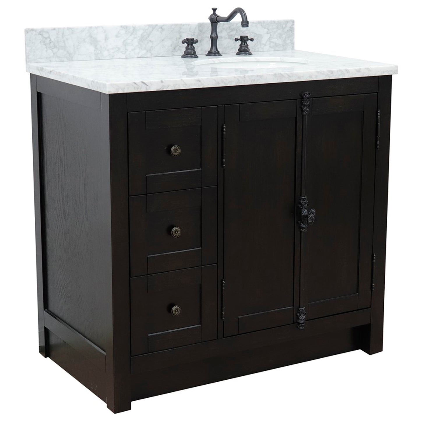 37" Single vanity in Brown Ash finish with White Carrara top and oval sink Right doors/Right sink