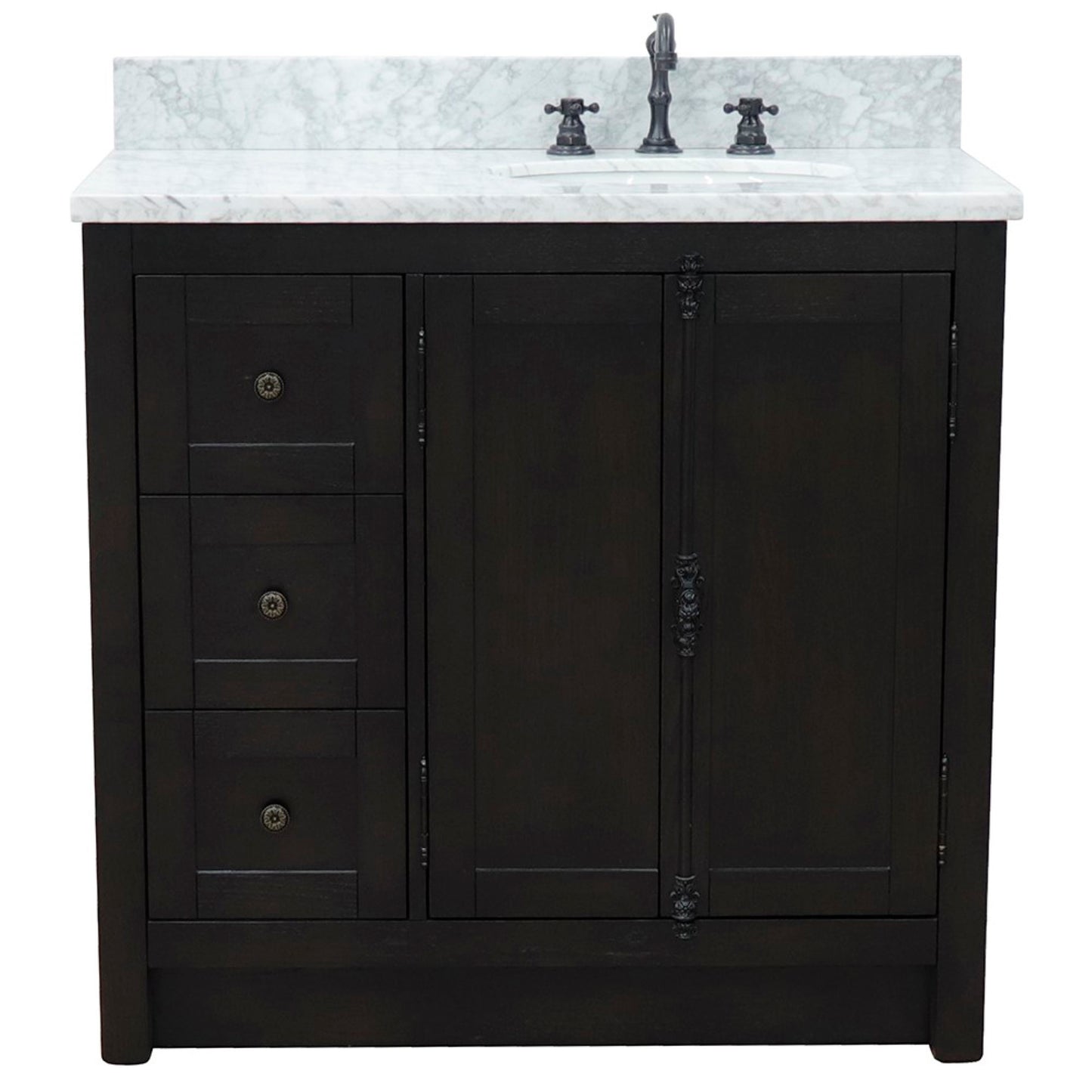 37" Single vanity in Brown Ash finish with White Carrara top and oval sink Right doors/Right sink