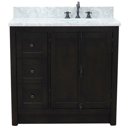 37" Single vanity in Brown Ash finish with White Carrara top and oval sink Right doors/Right sink