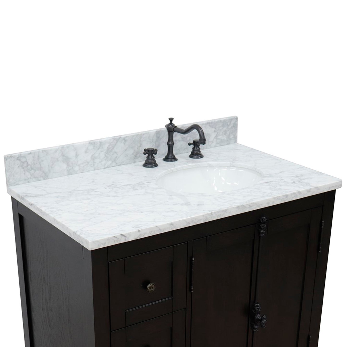 37" Single vanity in Brown Ash finish with White Carrara top and oval sink Right doors/Right sink