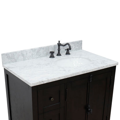 37" Single vanity in Brown Ash finish with White Carrara top and oval sink Right doors/Right sink