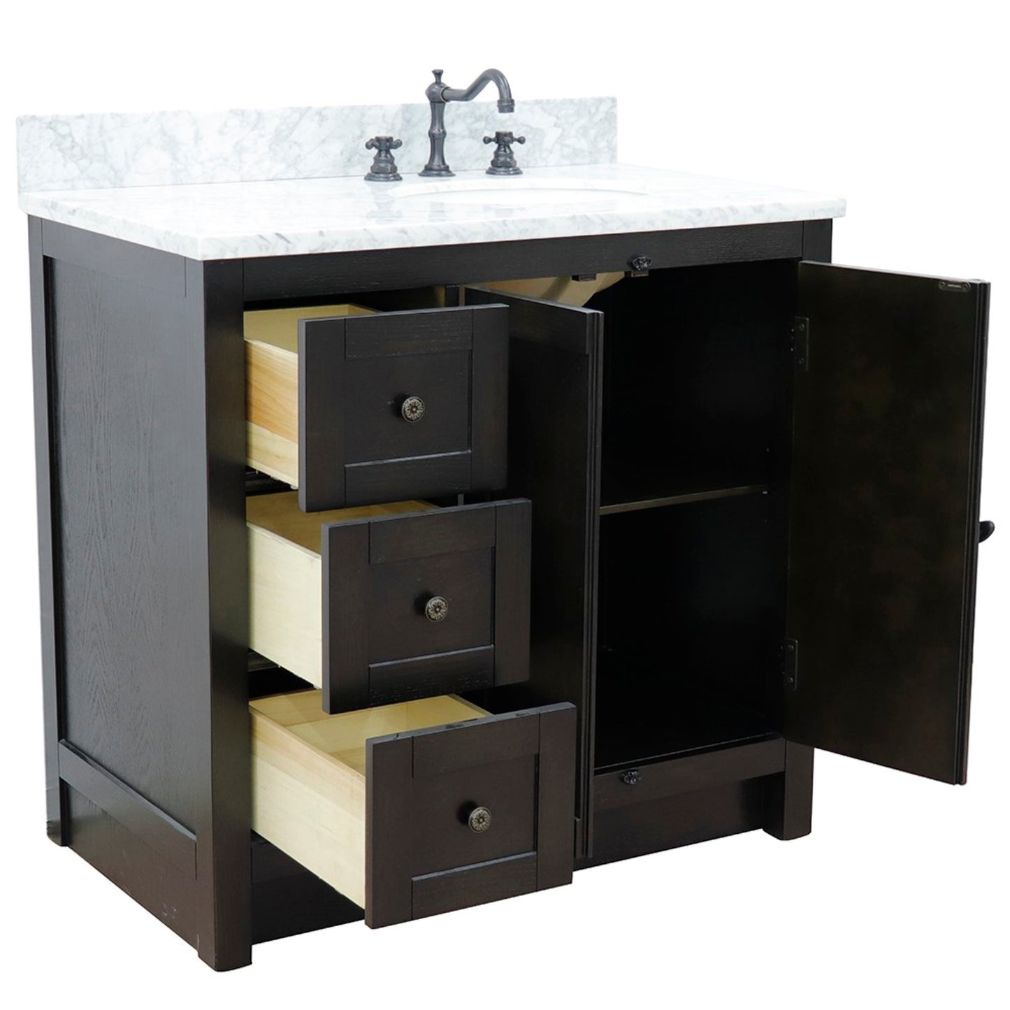 37" Single vanity in Brown Ash finish with White Carrara top and oval sink Right doors/Right sink