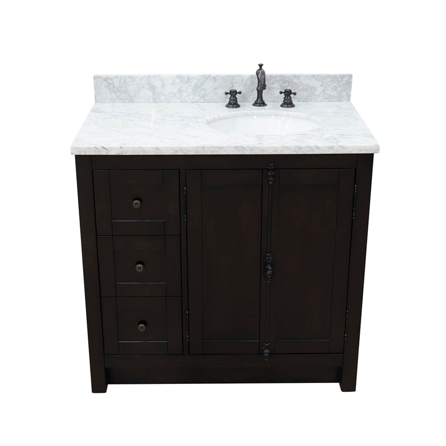 37" Single vanity in Brown Ash finish with White Carrara top and oval sink Right doors/Right sink