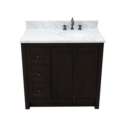 37" Single vanity in Brown Ash finish with White Carrara top and oval sink Right doors/Right sink