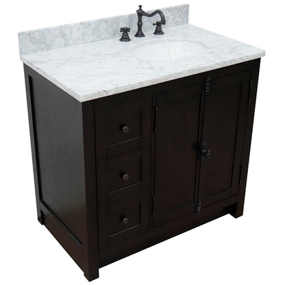 37" Single vanity in Brown Ash finish with White Carrara top and oval sink Right doors/Right sink