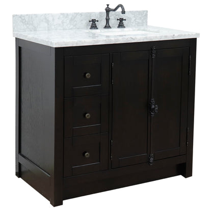 37" Single vanity in Brown Ash finish with White Carrara top and rectangle sink Right doors/Right sink