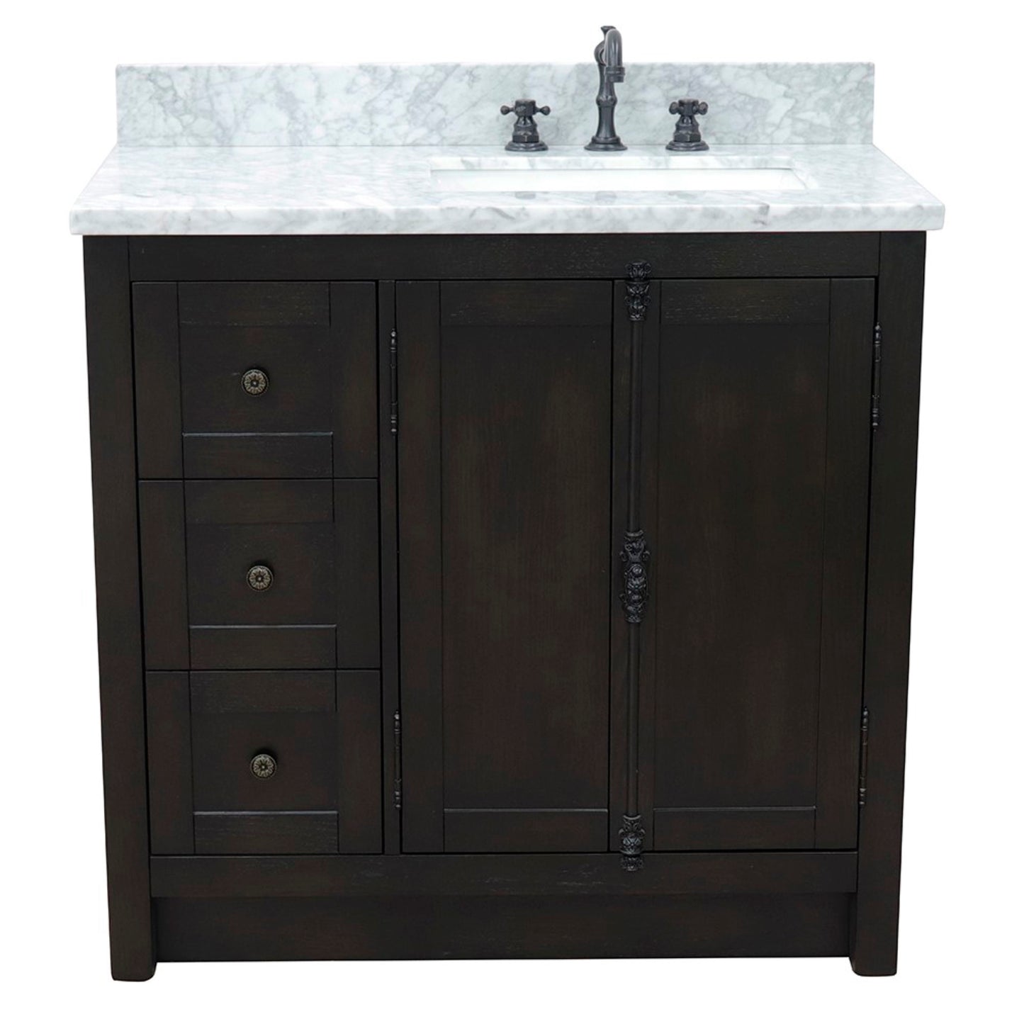 37" Single vanity in Brown Ash finish with White Carrara top and rectangle sink Right doors/Right sink