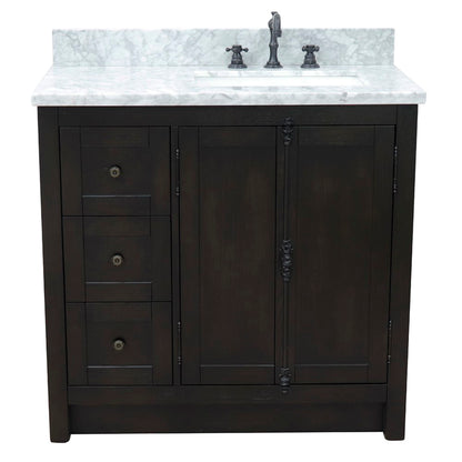 37" Single vanity in Brown Ash finish with White Carrara top and rectangle sink Right doors/Right sink