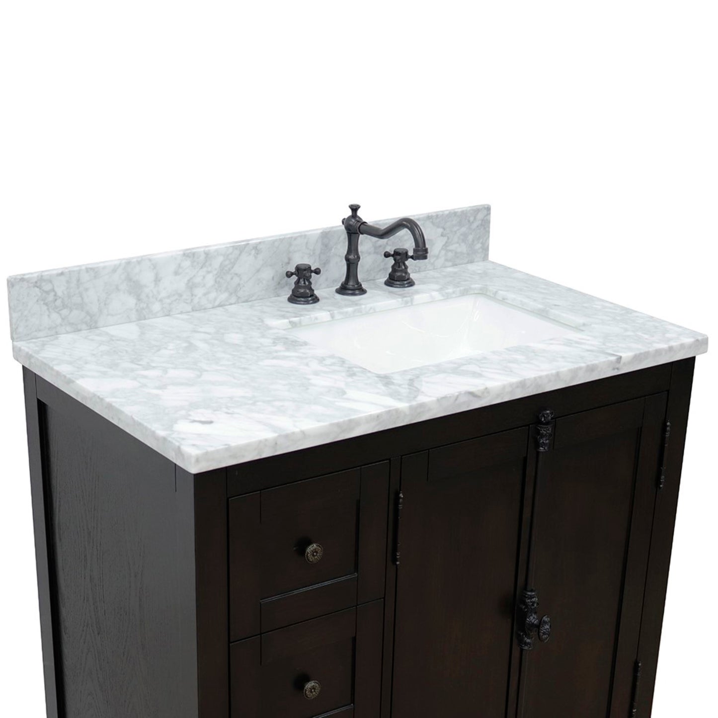 37" Single vanity in Brown Ash finish with White Carrara top and rectangle sink Right doors/Right sink