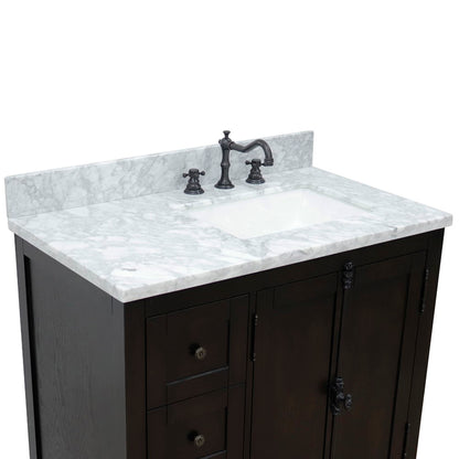 37" Single vanity in Brown Ash finish with White Carrara top and rectangle sink Right doors/Right sink