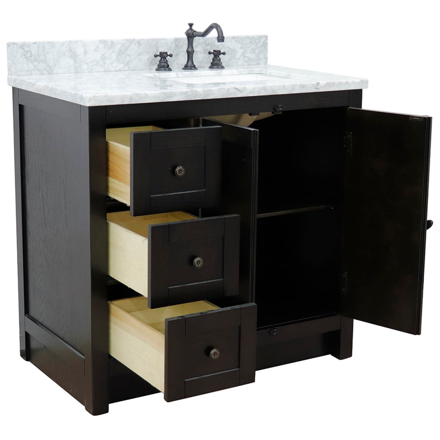 37" Single vanity in Brown Ash finish with White Carrara top and rectangle sink Right doors/Right sink