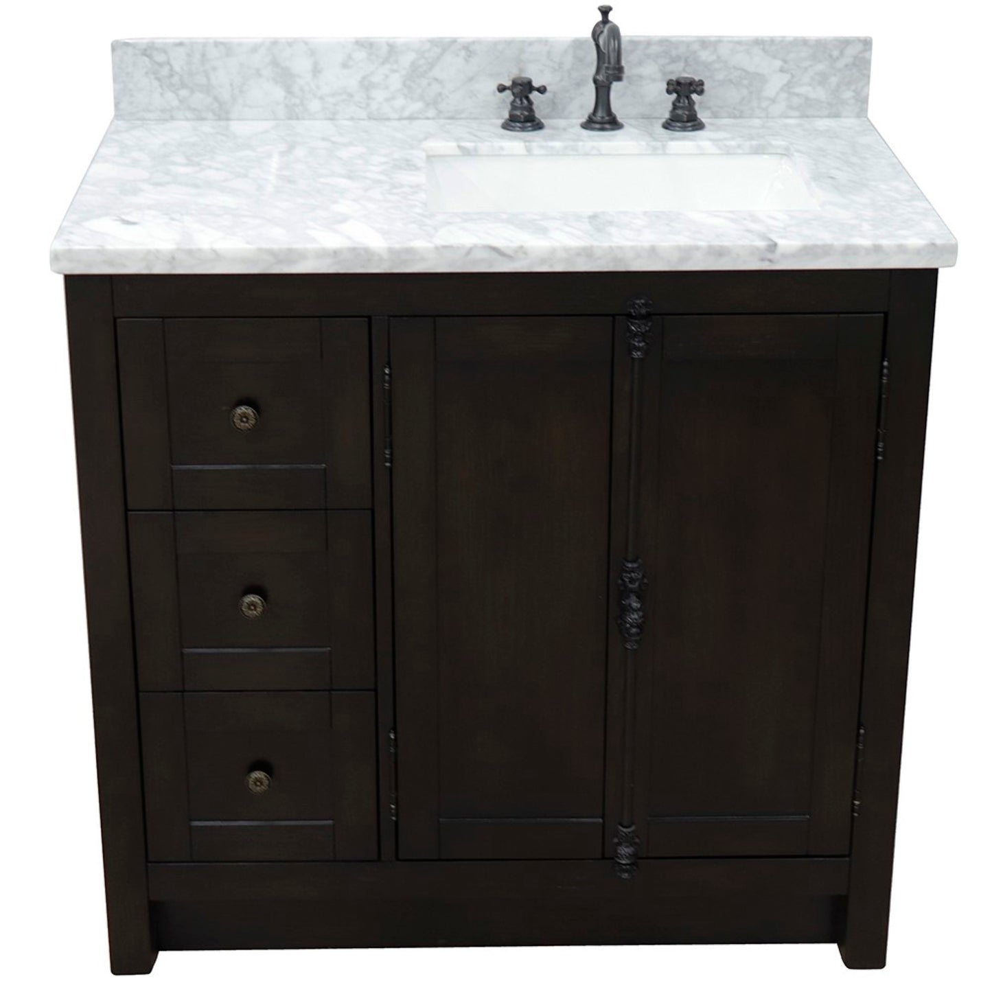 37" Single vanity in Brown Ash finish with White Carrara top and rectangle sink Right doors/Right sink