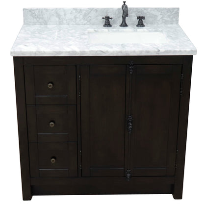 37" Single vanity in Brown Ash finish with White Carrara top and rectangle sink Right doors/Right sink