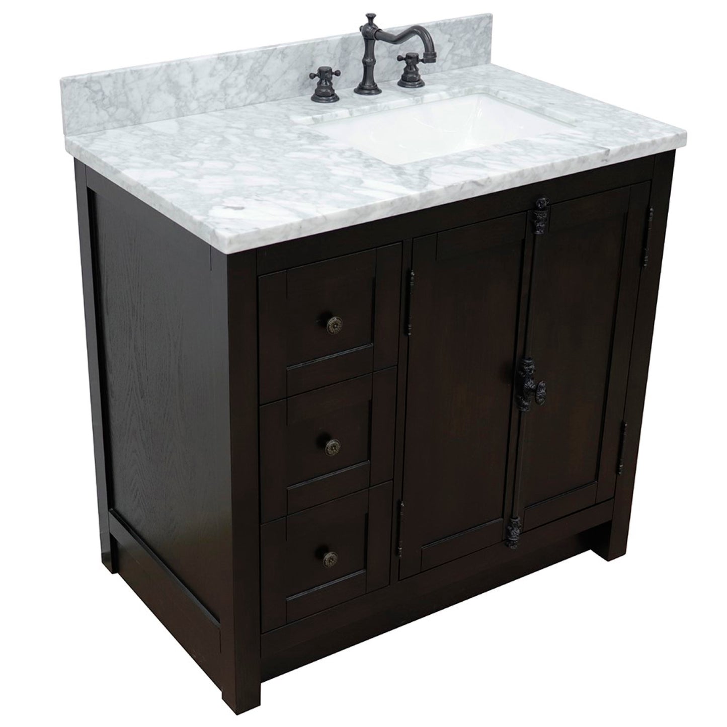 37" Single vanity in Brown Ash finish with White Carrara top and rectangle sink Right doors/Right sink