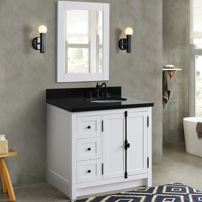 37" Single vanity in Glacier Ash finish with Black galaxy top and oval sink Right doors/Right sink