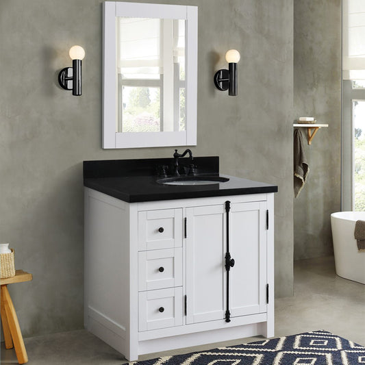 37" Single vanity in Glacier Ash finish with Black galaxy top and oval sink Right doors/Right sink
