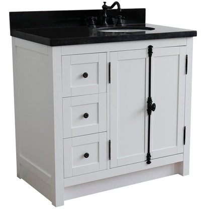 37" Single vanity in Glacier Ash finish with Black galaxy top and oval sink Right doors/Right sink