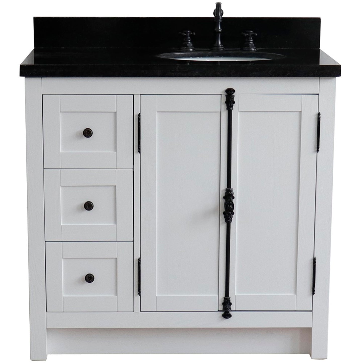 37" Single vanity in Glacier Ash finish with Black galaxy top and oval sink Right doors/Right sink