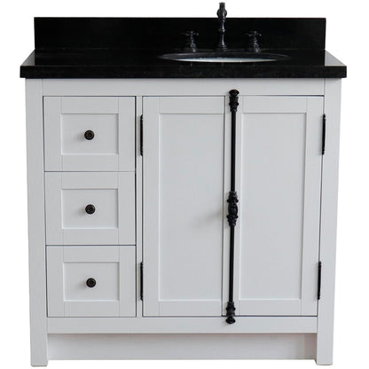 37" Single vanity in Glacier Ash finish with Black galaxy top and oval sink Right doors/Right sink