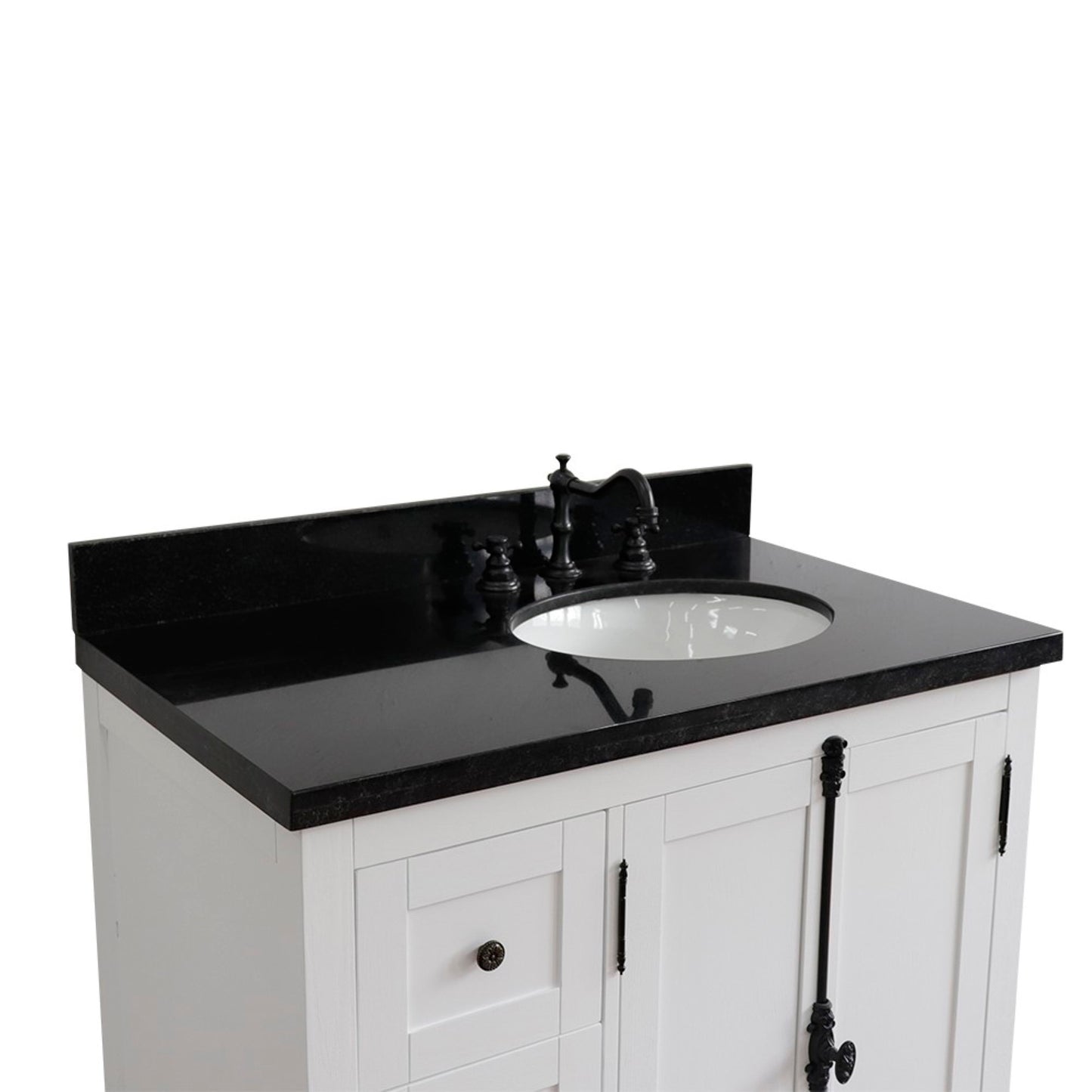 37" Single vanity in Glacier Ash finish with Black galaxy top and oval sink Right doors/Right sink