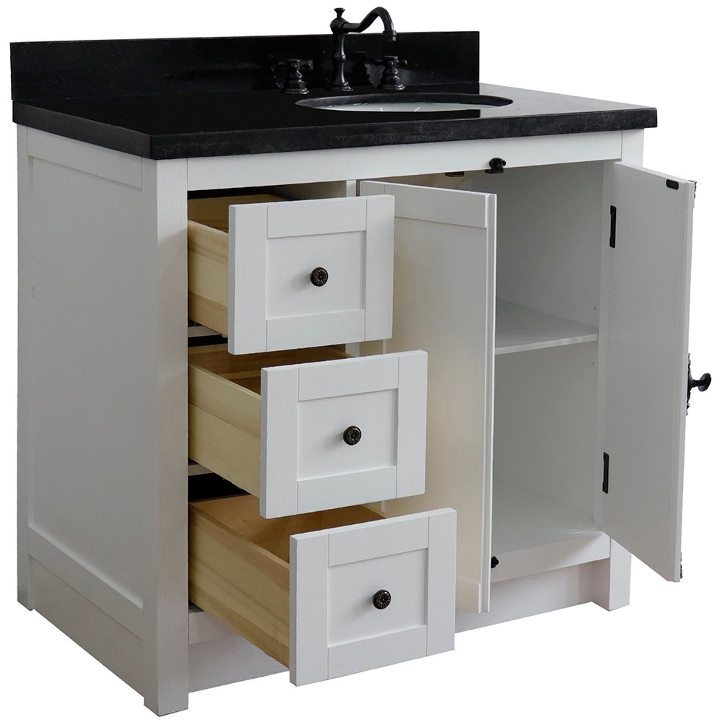 37" Single vanity in Glacier Ash finish with Black galaxy top and oval sink Right doors/Right sink