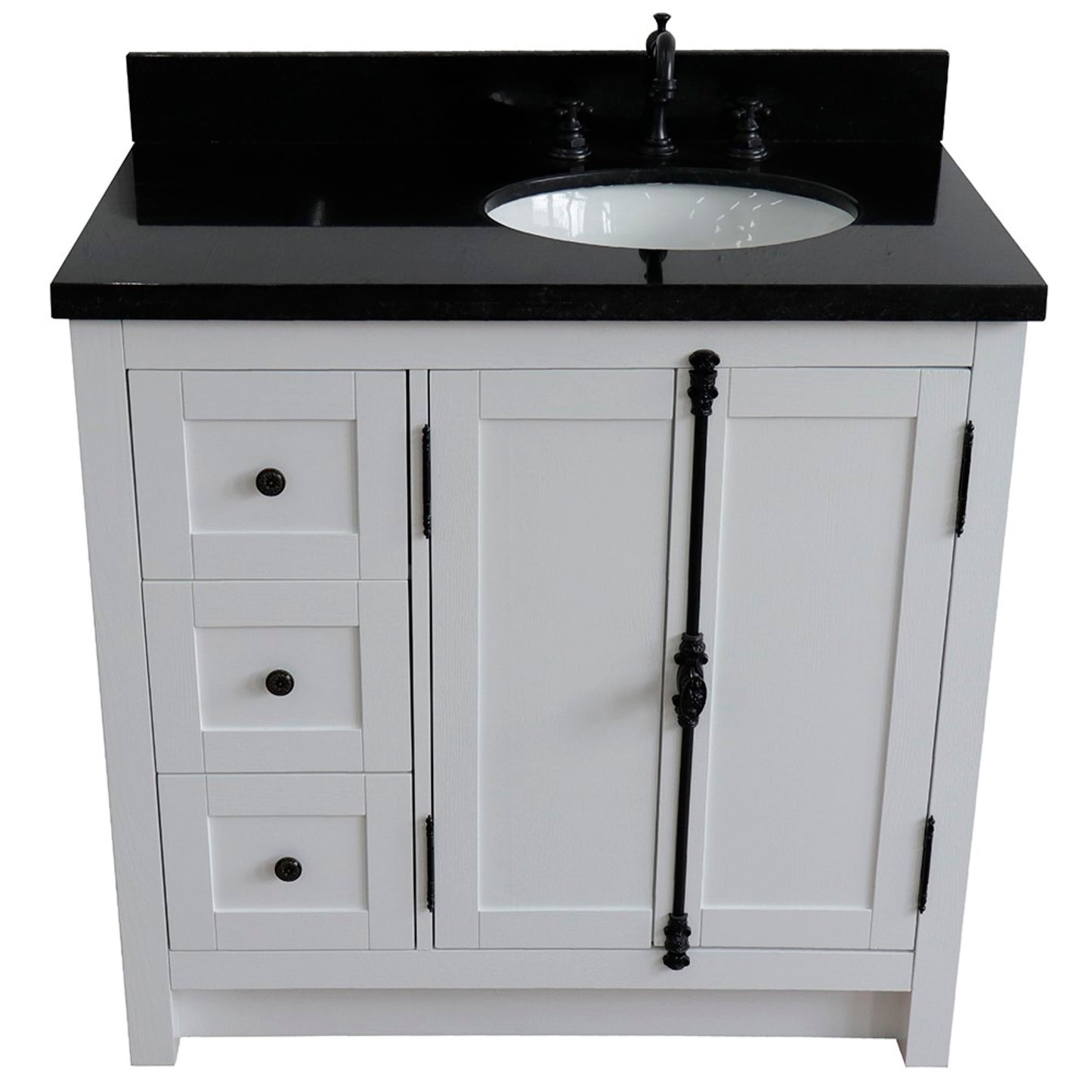 37" Single vanity in Glacier Ash finish with Black galaxy top and oval sink Right doors/Right sink