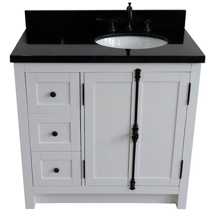 37" Single vanity in Glacier Ash finish with Black galaxy top and oval sink Right doors/Right sink