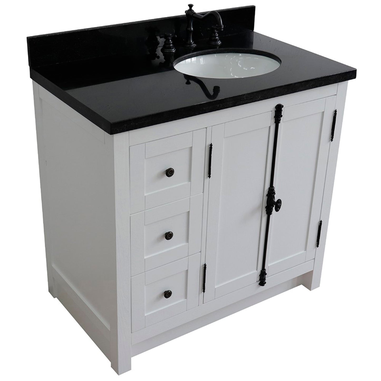 37" Single vanity in Glacier Ash finish with Black galaxy top and oval sink Right doors/Right sink