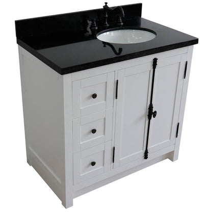 37" Single vanity in Glacier Ash finish with Black galaxy top and oval sink Right doors/Right sink