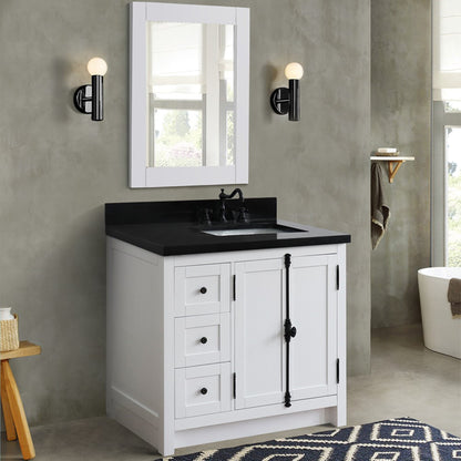 37" Single vanity in Glacier Ash finish with Black galaxy top and rectangle sink Right doors/Right sink