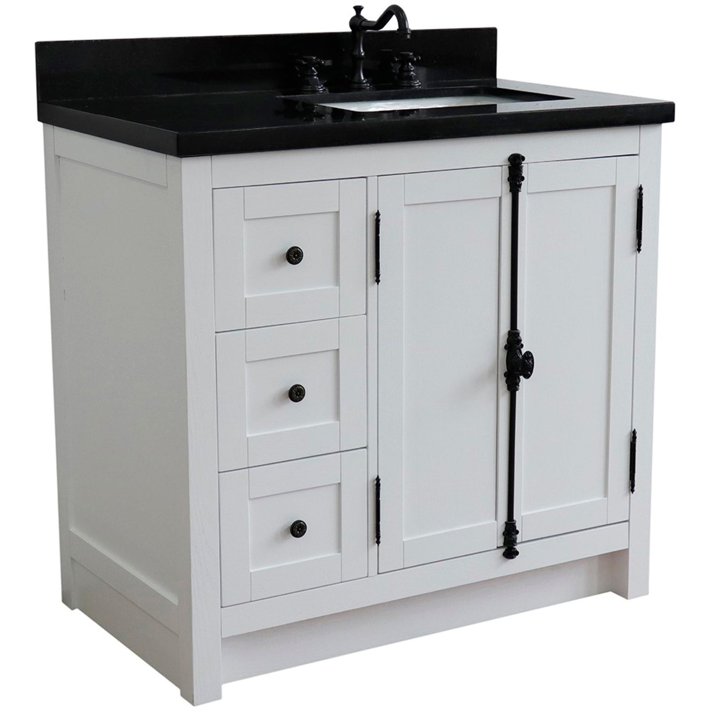 37" Single vanity in Glacier Ash finish with Black galaxy top and rectangle sink Right doors/Right sink