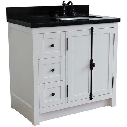 37" Single vanity in Glacier Ash finish with Black galaxy top and rectangle sink Right doors/Right sink