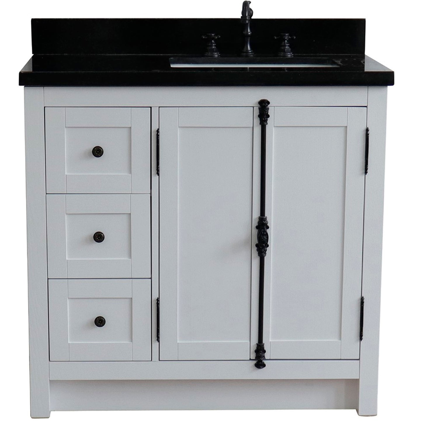 37" Single vanity in Glacier Ash finish with Black galaxy top and rectangle sink Right doors/Right sink