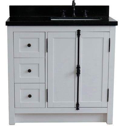 37" Single vanity in Glacier Ash finish with Black galaxy top and rectangle sink Right doors/Right sink
