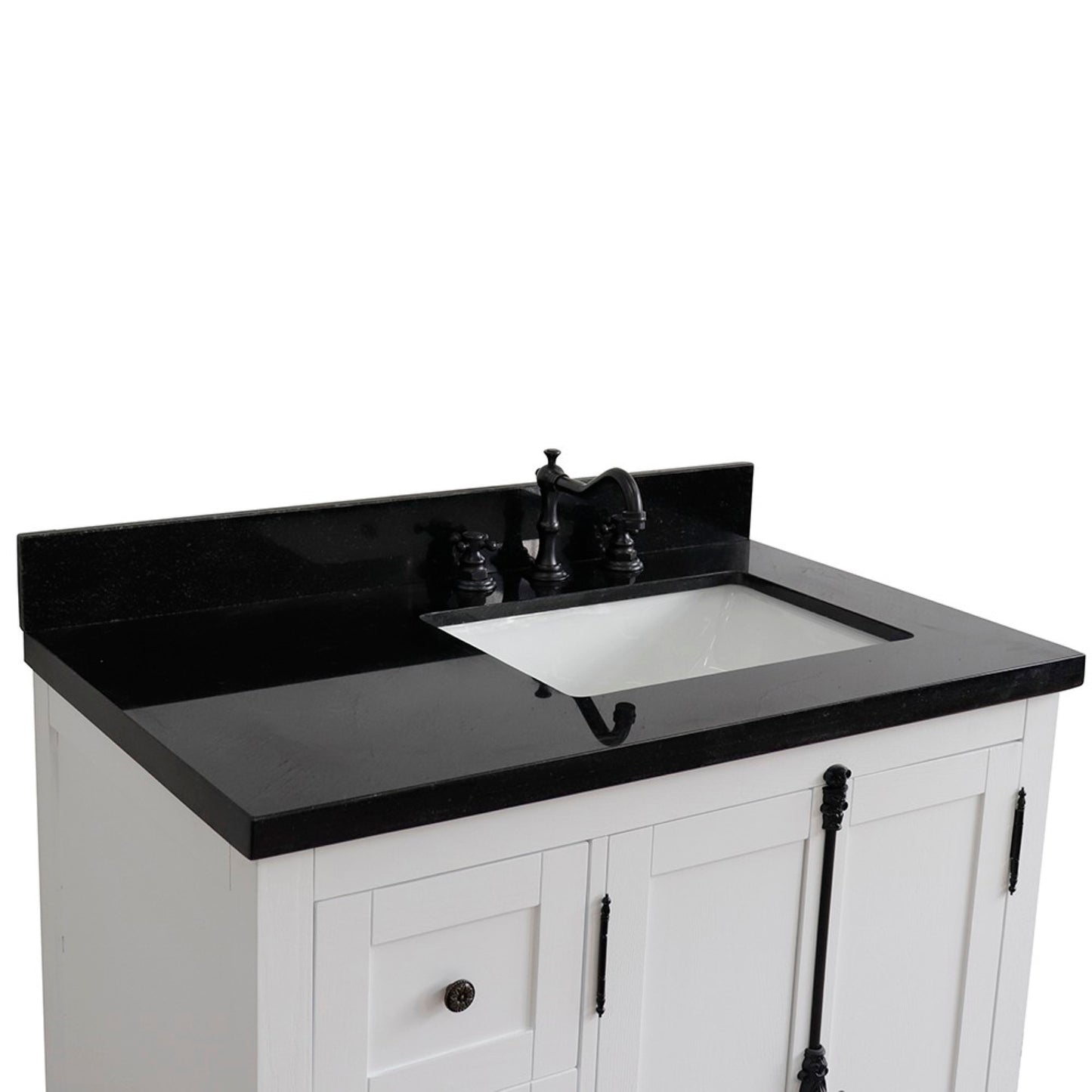 37" Single vanity in Glacier Ash finish with Black galaxy top and rectangle sink Right doors/Right sink