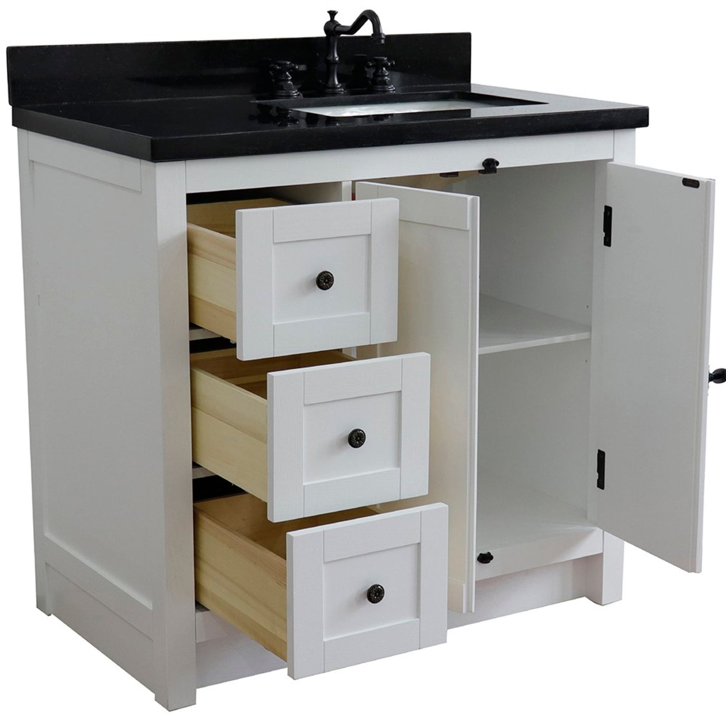 37" Single vanity in Glacier Ash finish with Black galaxy top and rectangle sink Right doors/Right sink