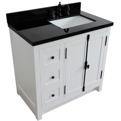 37" Single vanity in Glacier Ash finish with Black galaxy top and rectangle sink Right doors/Right sink