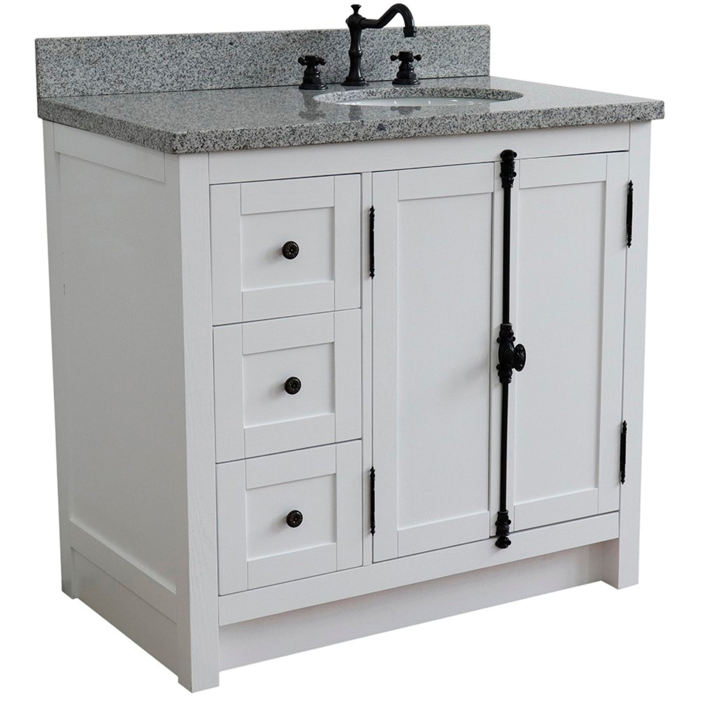 37" Single vanity in Glacier Ash finish with Gray granite top and oval sink Right doors/Right sink