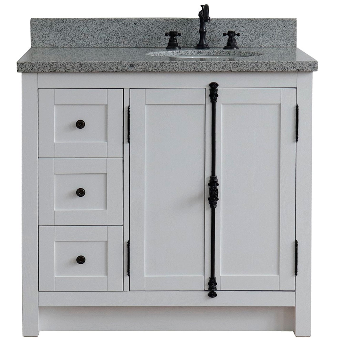 37" Single vanity in Glacier Ash finish with Gray granite top and oval sink Right doors/Right sink