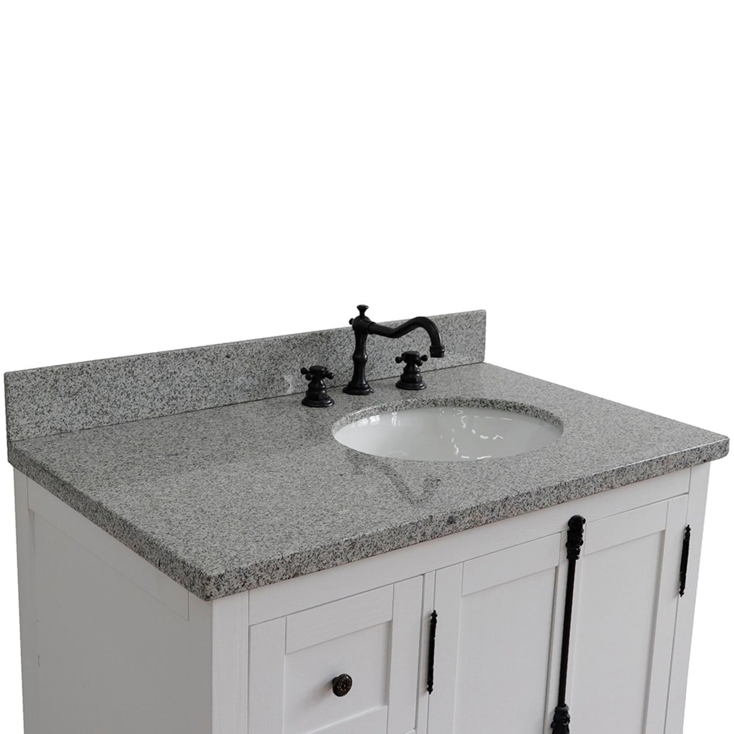 37" Single vanity in Glacier Ash finish with Gray granite top and oval sink Right doors/Right sink
