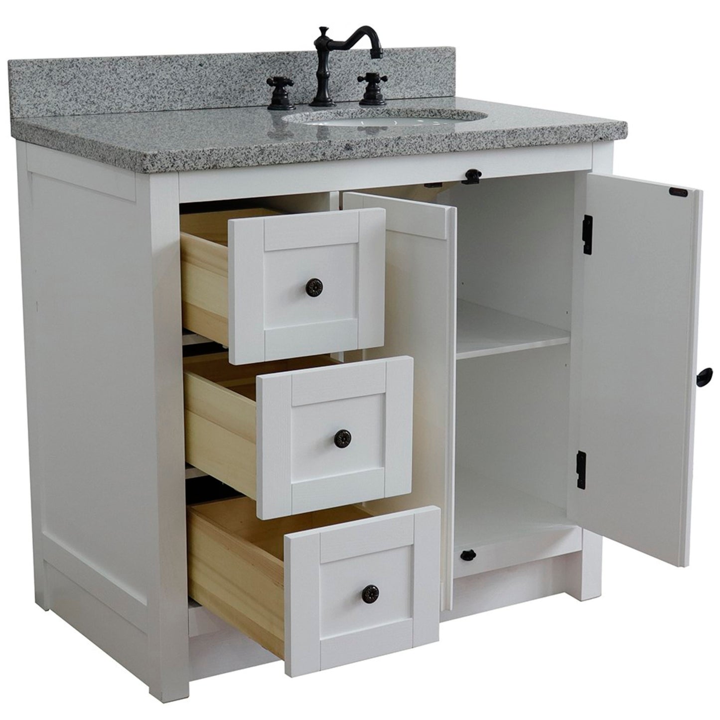 37" Single vanity in Glacier Ash finish with Gray granite top and oval sink Right doors/Right sink