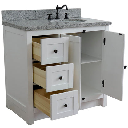 37" Single vanity in Glacier Ash finish with Gray granite top and oval sink Right doors/Right sink