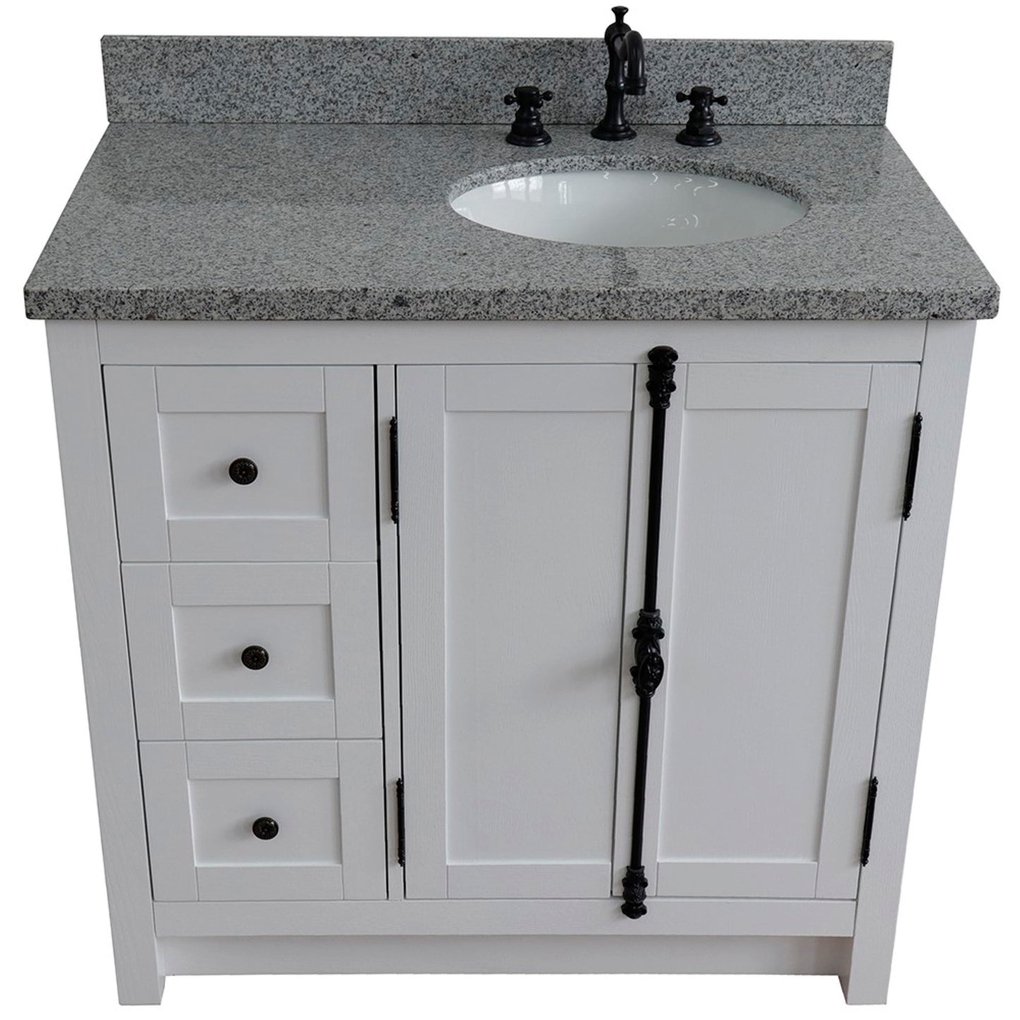 37" Single vanity in Glacier Ash finish with Gray granite top and oval sink Right doors/Right sink