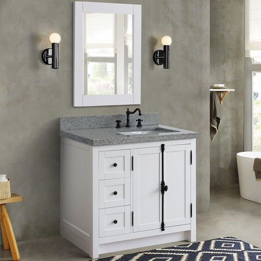 37" Single vanity in Glacier Ash finish with Gray granite top and rectangle sink Right doors/Right sink